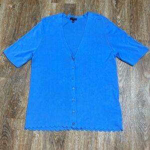 NWOT Talbots Petite Soft Short Sleeve Button Up Blue Sweater. Scallop Edge Sz Mp